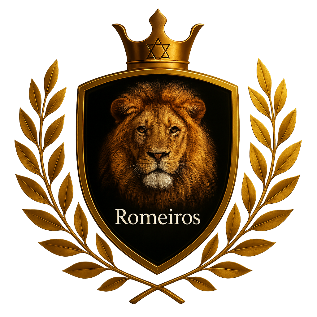 Brasão Romeiros com leão, coroa e ramos dourados